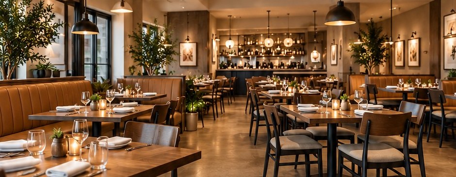 The Joesler Kitchen dining room with leather booths, wood tables and warm pendant lighting